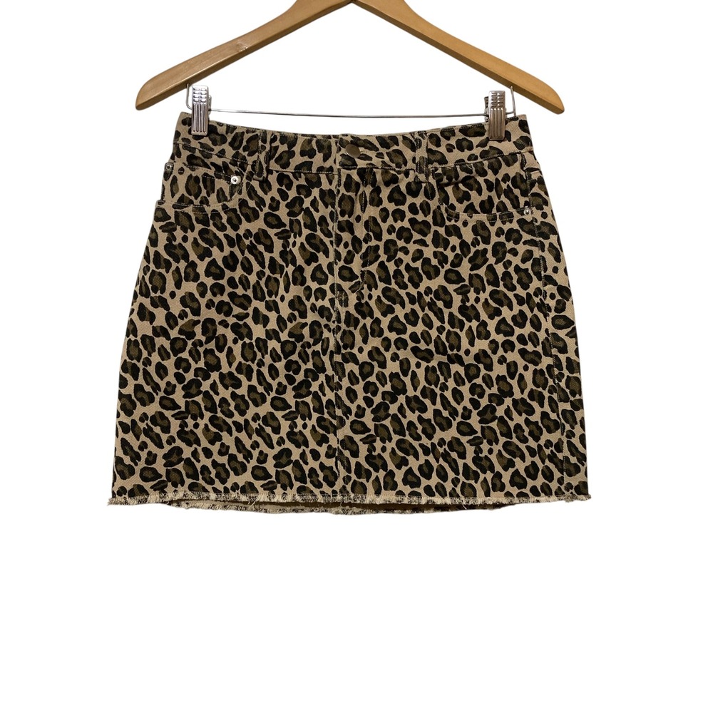 Entro Leopard Print‎ Denim Mini Skirt Tan Black Animal Raw Hem Style Size M - Picture 2 of 8